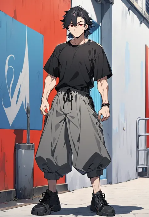 A anime man, black short hair, mullet haircut split in the middle, red eye, wearing a gray baggy pants, black Tight T-shirt , wearing a black shoe. standing, full body, adult, slightly muscular body, blank scenery