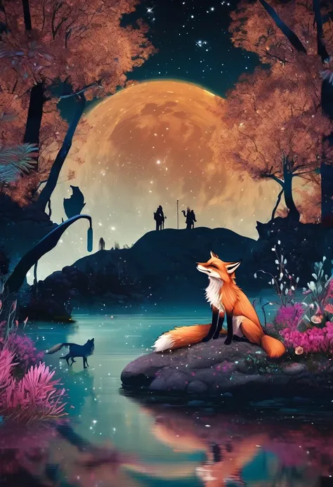 Arte Povera style, monochromatic, close up view of fox [drinking water] next to a pristine lake in a magical forest full of colorful flora. dreamlike atmosphere, night sky filled with the milky way galaxy [f/16, shutter speed 1/250, iso 100, focal length 2...