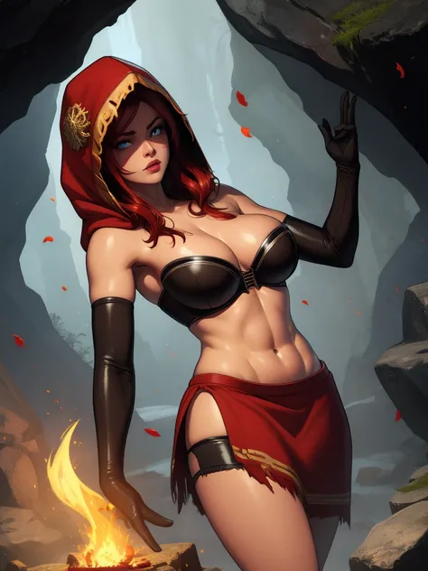 Dsorceress, redhair, shadowy face,dark cave, fire, hood, shadowed face, strapless bra, slim and athletic body, miniskirt, no panty, elbow gloves, dark skin, 1 girl (insanely detailed, masterpiece, best quality)
