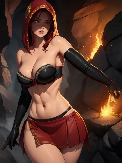 dsorceress, redhair, shadowy face,dark cave, fire, hood, shadowed face, strapless bra, slim and athletic body, miniskirt, no pan...