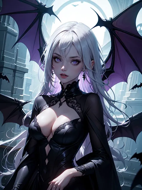 Insanely detailed photograph of a gorgeous vampire woman, goth Renaissance, long voluminous white hair, intricate purple eyes, black wings, bat wings, fantastical, vampire, ethereal, hyperdetailed, 32k resolution, dynamic lighting, hyperdetailed, intricate...