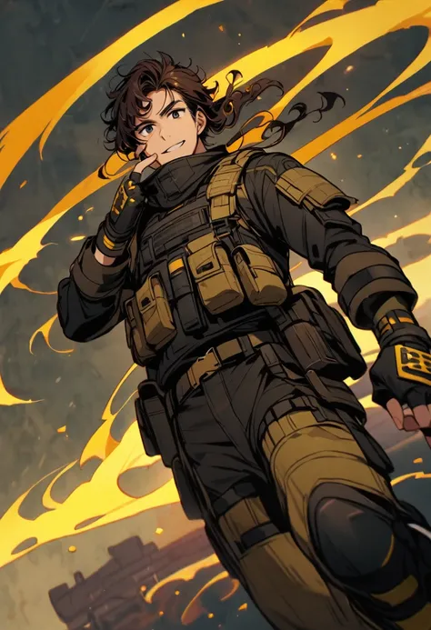 (well done:1) man, short dark brown curly hair, black eyes, black clothing with yellow details, tactical boots, fingerless gloves, yellow tips in his hair.