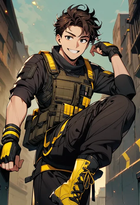 (well done:1) man, short dark brown curly hair, black eyes, black clothing with yellow details, tactical boots, fingerless gloves, yellow tips in his hair.