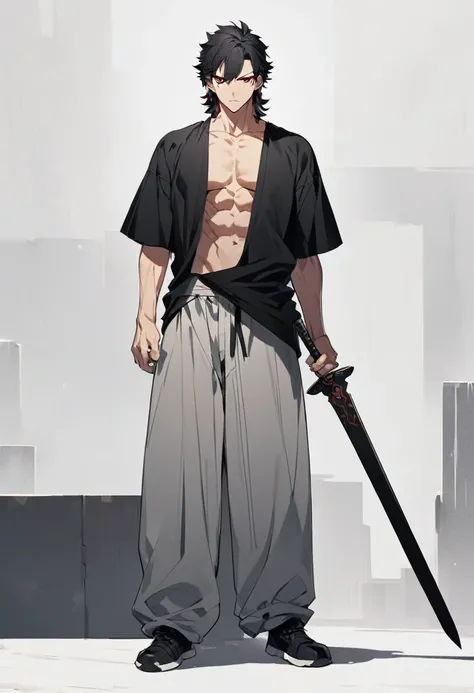 A anime man, black short hair, mullet haircut split in the middle, red eye, wearing a gray baggy pants, black Tight T-shirt , wearing a black shoe. standing, full body, adult, slightly muscular body, blank scenery, holding a great sword