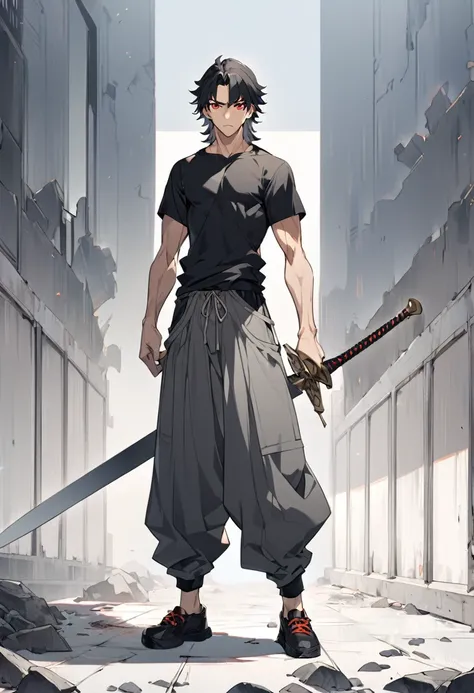 A anime man, black short hair, mullet haircut split in the middle, red eye, wearing a gray baggy pants, black Tight T-shirt , wearing a black shoe. standing, full body, adult, slightly muscular body, blank scenery, holding a great sword