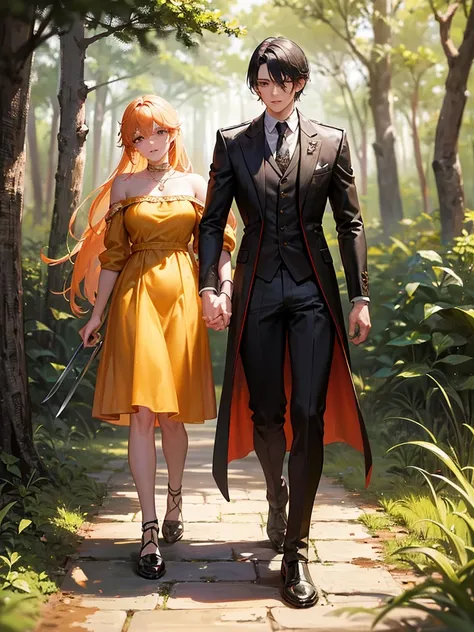 They are a romantic couple in the woods, the woman is ledy Brittany Bracken features she is 17, has white skin, orange eyes, honey-colored hair, wears a sexy orange and yellow dress, is a flirtatious and rebellious girl. And the second character is a man i...