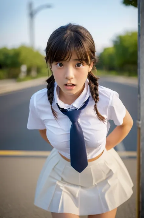 ((highest quality, masterpiece :1.3)), Photorealistic、Ultra-high resolution、Natural skin texture、Hyperrealism、Photograph from the knee up、15 year old Japanese beautiful girl、Twin tail hair、well-shaped breasts、White collared shirt and tie、mini skirt、Frighte...