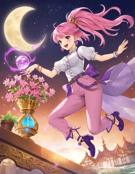 anime fantasy art style, a magical girl with long pink hair, ponytail, sphere-shaped earrings, white shirt with purple details, purple belt with half-moon-shaped buckle, pink pants, purple shoes, flying over the water on top of a magic vase, fantasy design