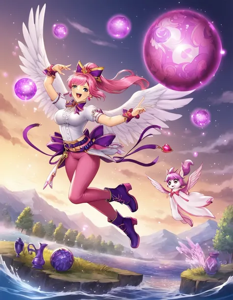 anime fantasy art style, a magical girl with long pink hair, ponytail, sphere-shaped earrings, white shirt with purple details, purple belt with half-moon-shaped buckle, pink pants, purple shoes, flying over the water on top of a magic vase, fantasy design