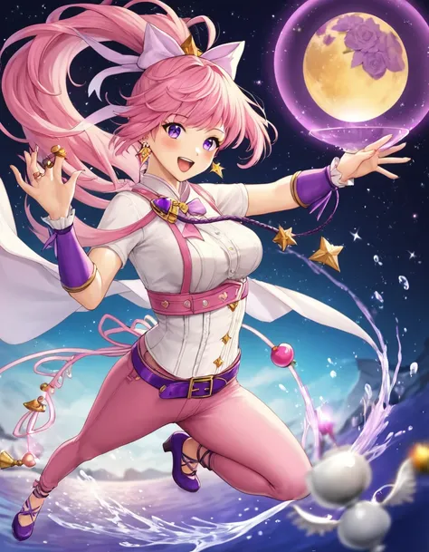 anime fantasy art style, a magical girl with long pink hair, ponytail, sphere-shaped earrings, white shirt with purple details, purple belt with half-moon-shaped buckle, pink pants, purple shoes, flying over the water on top of a magic vase, fantasy design