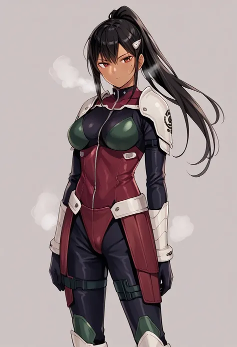 score_9, score_8_up, score_7_up, source_anime BREAK,Mina Ashiro,BLACK HAIR, PONYTAIL, LONG HAIR, HAIR ORNAMENT, MOLE UNDER EYE, MOLE, RED EYES BODYSUIT, ARMOR,BOOTS,1female,large breasts,tanlines,dark-skinned female,(steam,Sweat),