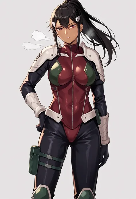 score_9, score_8_up, score_7_up, source_anime BREAK,Mina Ashiro,BLACK HAIR, PONYTAIL, LONG HAIR, HAIR ORNAMENT, MOLE UNDER EYE, MOLE, RED EYES BODYSUIT, ARMOR,BOOTS,1female,large breasts,tanlines,dark-skinned female,(steam,Sweat),