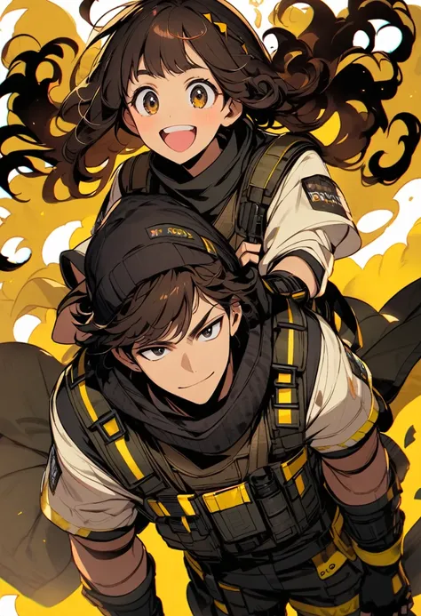 (well done:1) man, short dark brown curly hair, black beanie, black eyes, black clothes with yellow details, white sweatshirt jacket over top, tactical boots, fingerless gloves, yellow tips in the hair.