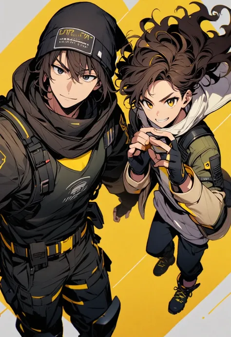 (well done:1) man, short dark brown curly hair, black beanie, black eyes, black clothes with yellow details, white sweatshirt jacket over top, tactical boots, fingerless gloves, yellow tips in the hair.