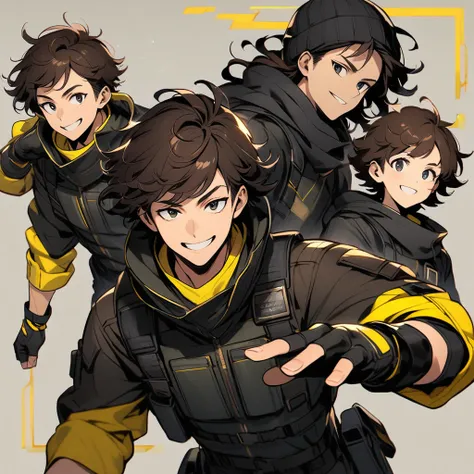 (well done:1) man, short dark brown curly hair, black beanie, black eyes, black clothes with yellow details, white sweatshirt jacket over top, tactical boots, fingerless gloves, yellow tips in the hair.