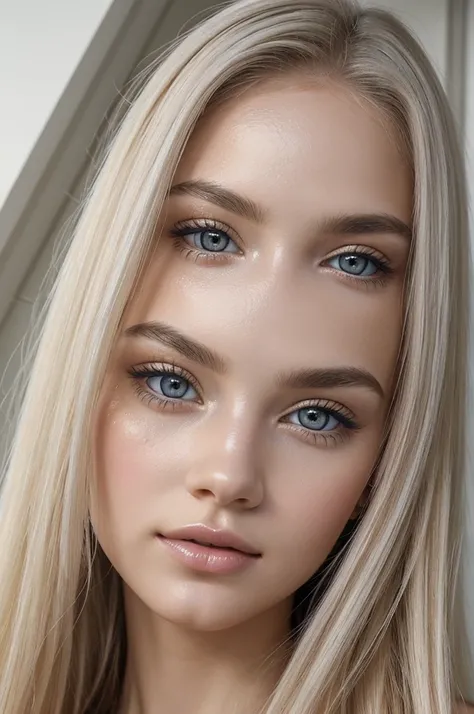 ((Best quality)) ((detailed)) ((masterpiece)) pretty face, Angelic looking, lightskin, beauty marks, rosy cheeks, thin 90s eyebrows, beautiful makeup, doe eyes, white shiny eyeshadow, blueish gray eyes, really light and shiny blonde hair, pale, skin color ...