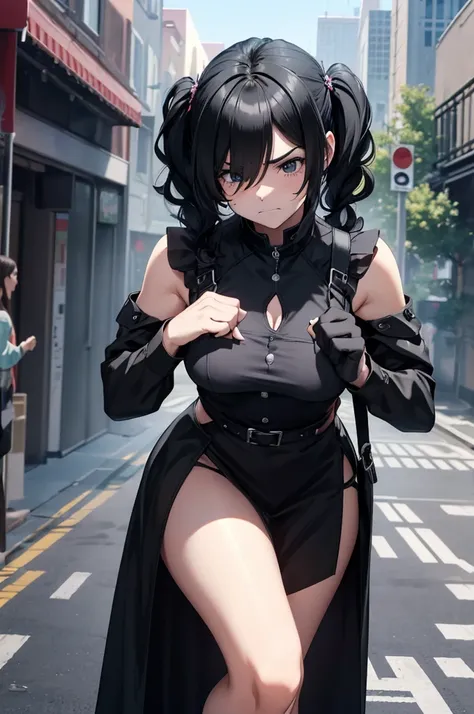 (caustics, masterpiece, best quality, high quality, ultra detailed), (black hood, black jacket, scary face, black costume, black gloves, 1girl, solo, curly, covering one eye, hair over one eye, black hair, black eyes, black skin, black, twintails, low twin...