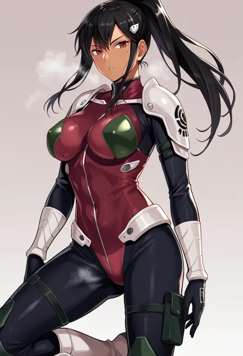 score_9, score_8_up, score_7_up, source_anime BREAK,Mina Ashiro,BLACK HAIR, PONYTAIL, LONG HAIR, HAIR ORNAMENT, MOLE UNDER EYE, MOLE, RED EYES BODYSUIT, ARMOR,BOOTS,bera breasts, 1female,large breasts,tanlines,dark-skinned female,(steam,Sweat),