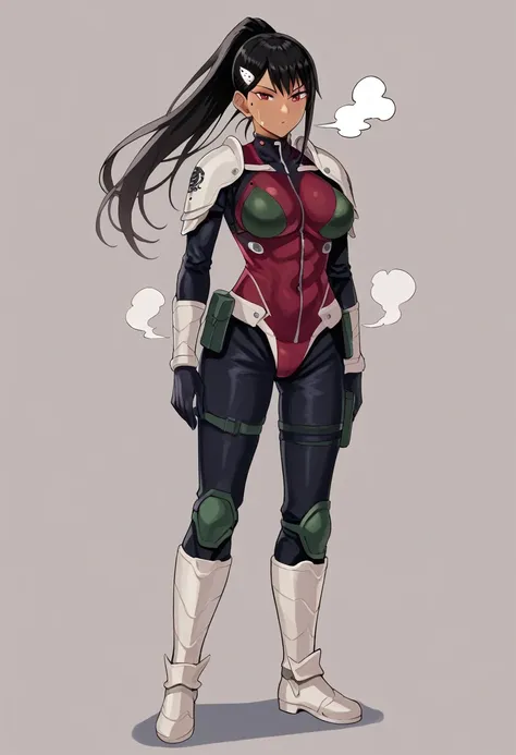 score_9, score_8_up, score_7_up, source_anime BREAK,Mina Ashiro,BLACK HAIR, PONYTAIL, LONG HAIR, HAIR ORNAMENT, MOLE UNDER EYE, MOLE, RED EYES BODYSUIT, ARMOR,BOOTS,bera breasts, 1female,large breasts,tanlines,dark-skinned female,(steam,Sweat),