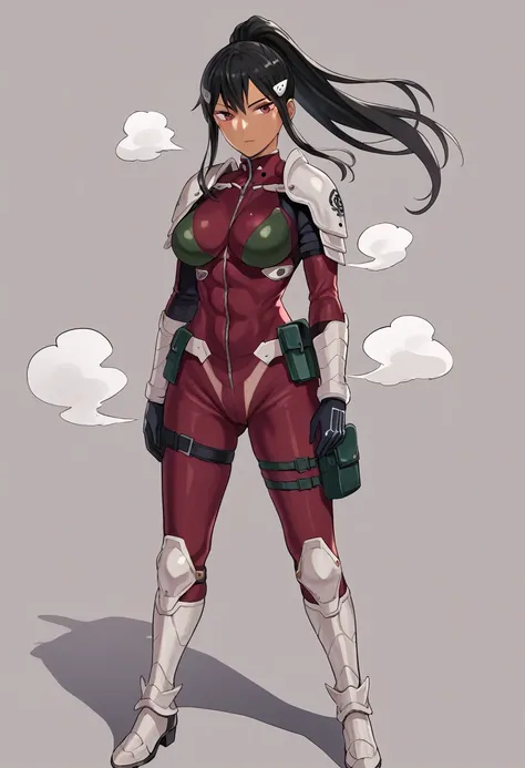 score_9, score_8_up, score_7_up, source_anime BREAK,Mina Ashiro,BLACK HAIR, PONYTAIL, LONG HAIR, HAIR ORNAMENT, MOLE UNDER EYE, MOLE, RED EYES BODYSUIT, ARMOR,BOOTS,bera breasts, 1female,large breasts,tanlines,dark-skinned female,(steam,Sweat),