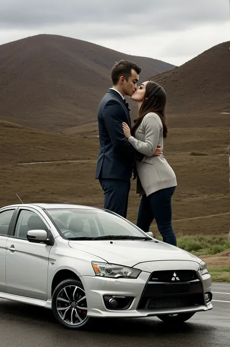 A Mitsubishi lancer x with a couple kissing 