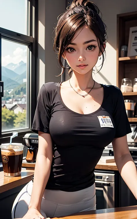 (best quality), perfect image, masterpiece,barista, yoga pants, brown hair, black tshirt with made up company logo across the chest, working at a locally owned coffee shop, working behind the counter with your cute coworker, ponytail, large window in backg...