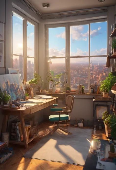 a room overlooking the city,active artists studio,fine detailed interior,comfortable clean room,tidy organized space,large windows with city view,natural lighting,wooden furniture,easel,paint supplies,canvases,bookshelves,cozy atmosphere,calming colors,war...