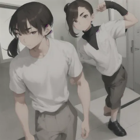 Asian teen, short ponytail , brown lazy eyes, sharp eyebrow, thin nose, good looking ,brown hair, pale skin, broad shoulders, lean, tall, fitted white school shirt with rolled sleeves, light grey school pants, black clarks, cool guy 