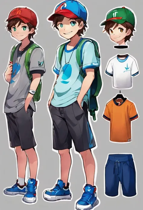 European and American cartoons, game characters, original designs, 1boy, male focus, hat, shirt, brown hair, smile, shoes, full body, wristband, open mouth, green shirt, pants, looking at viewer, standing, blue eyes, gradient background, grey background, ,...