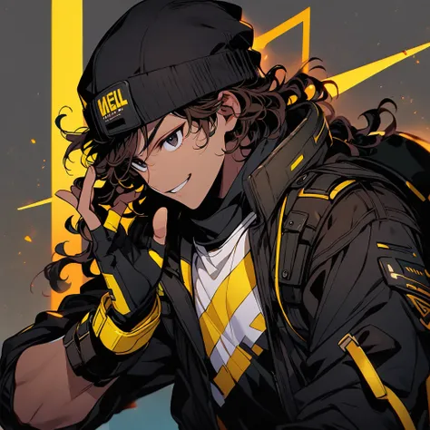 (well done:1) one man, short dark brown curly hair, black beanie, black eyes, black clothes with yellow details, white sweatshir...