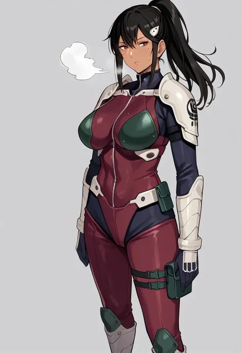 score_9, score_8_up, score_7_up, source_anime BREAK,Mina Ashiro,BLACK HAIR, PONYTAIL, LONG HAIR, HAIR ORNAMENT, MOLE UNDER EYE, MOLE, RED EYES BODYSUIT, ARMOR,BOOTS,1 mature female,large breasts,tanlines,dark-skinned female,(steam,Sweat),