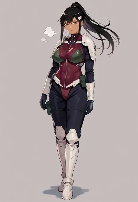 score_9, score_8_up, score_7_up, source_anime BREAK,Mina Ashiro,BLACK HAIR, PONYTAIL, LONG HAIR, HAIR ORNAMENT, MOLE UNDER EYE, MOLE, RED EYES BODYSUIT, ARMOR,BOOTS,1 mature female,large breasts,tanlines,dark-skinned female,(steam,Sweat),