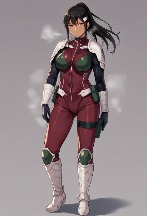 score_9, score_8_up, score_7_up, source_anime BREAK,Mina Ashiro,BLACK HAIR, PONYTAIL, LONG HAIR, HAIR ORNAMENT, MOLE UNDER EYE, MOLE, RED EYES BODYSUIT, ARMOR,BOOTS,1 mature female,large breasts,tanlines,dark-skinned female,(steam,Sweat),