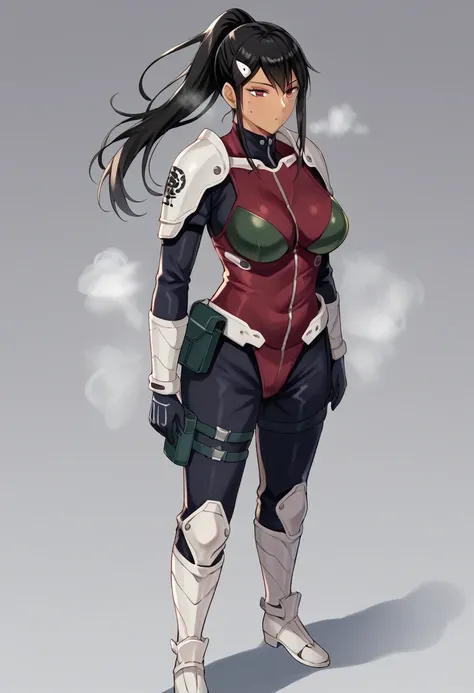 score_9, score_8_up, score_7_up, source_anime BREAK,Mina Ashiro,BLACK HAIR, PONYTAIL, LONG HAIR, HAIR ORNAMENT, MOLE UNDER EYE, MOLE, RED EYES BODYSUIT, ARMOR,BOOTS,1 mature female,large breasts,tanlines,dark-skinned female,(steam,Sweat),