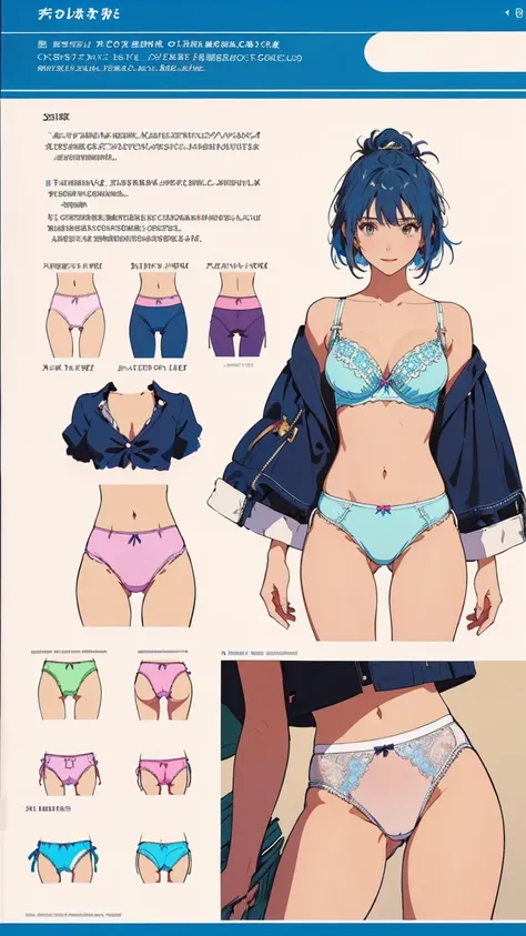 ((masterpiece)), (((Highest quality))), ((Reference Sheet, Character Design)), Highest quality, masterpiece, Ultra-high resolution, Original photo, Ultra-high resolution, Three beautiful women, Blue hair, Big smile, Wearing a white and pink lace bra, Weari...