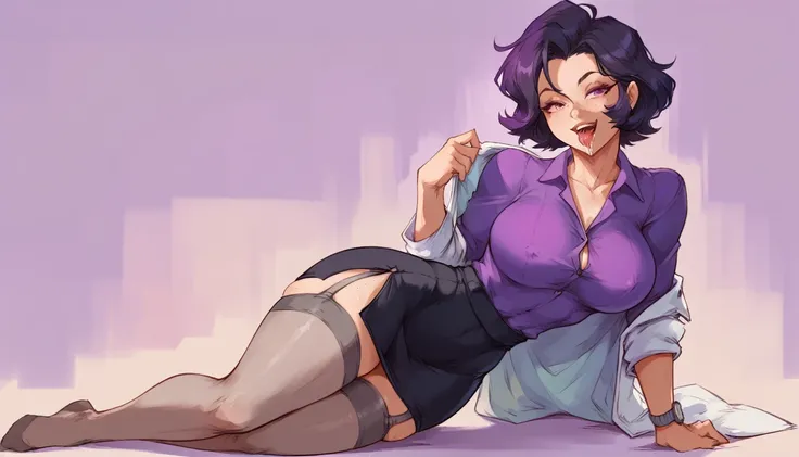 (solo) female , black short hair, woman (big breasts:1.5), attractive, purple shirt, tight black skirt, lab coat,grey garter belt tights ,fit body, thicc, freckles, freckles on face, smug eyes, ((happy sexual expression, moaning with open mouth and tongue ...