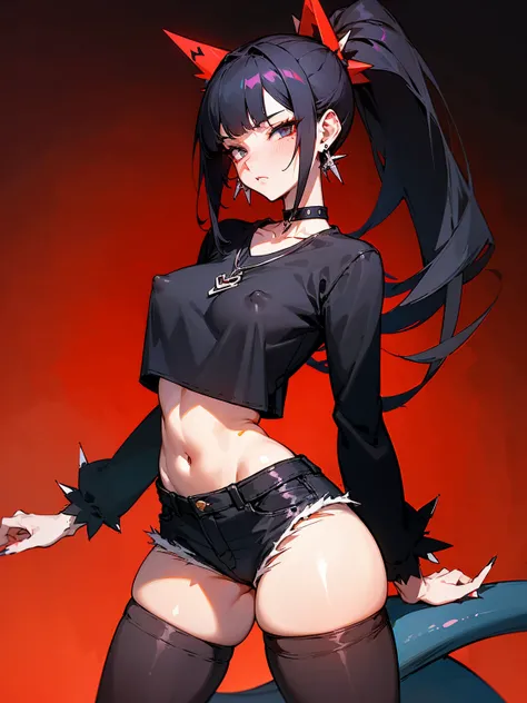 ((Long Straight Black hair)), Perfect face, Choker, Punk earrings, ((Tall)), ((High Quality)), Necklace, ((Mature)), Pretty Eyes, Sharp Nails, Bangs, ((1 Girl)), ((Multiple Earrings)), 1 girl, Spiky Earrings, Adult, Spiked Collar, Thin Eyelashes, Black Bac...