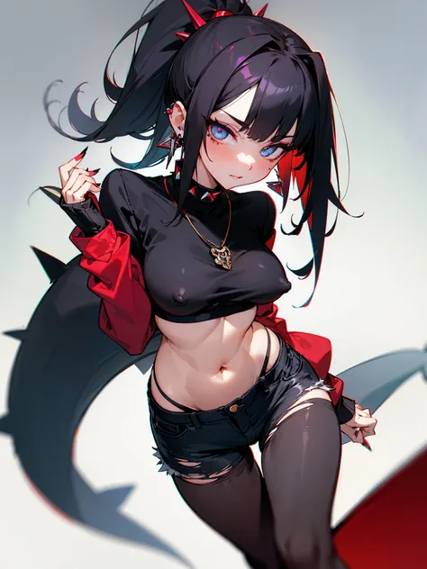 ((Long Straight Black hair)), Perfect face, Choker, Punk earrings, ((Tall)), ((High Quality)), Necklace, ((Mature)), Pretty Eyes, Sharp Nails, Bangs, ((1 Girl)), ((Multiple Earrings)), 1 girl, Spiky Earrings, Adult, Spiked Collar, Thin Eyelashes, Black Bac...