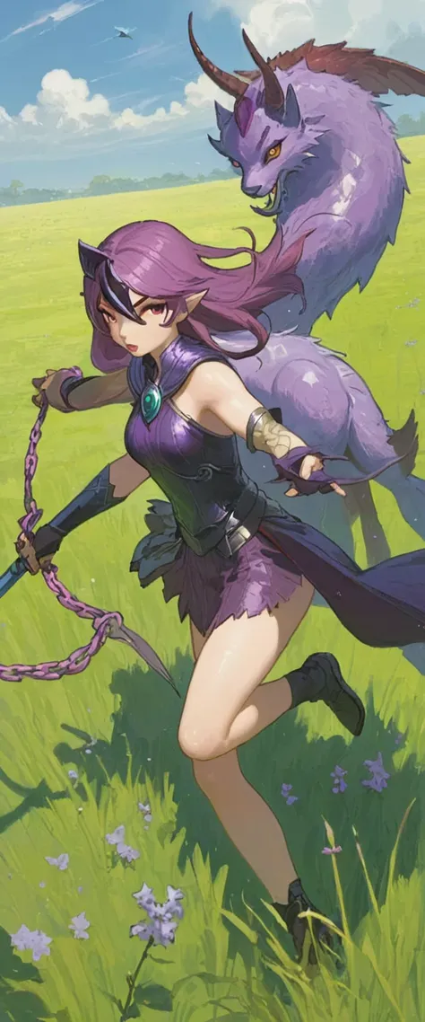 lilith, in battle against his lilac enemy, in an open field duel, with power of ki, with battle marks from both girls.