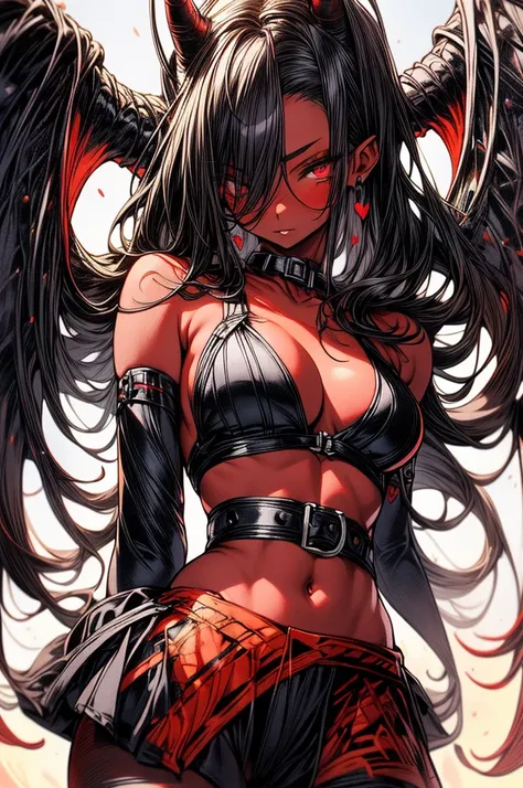 masterpiece, super detailed, high resolution, precision art, highly seductive anime girl. sexy and alluring, flawless dark red demonic skin, succubus, symmetrical face, beautiful olive eyes, flowing black hair, her very presence oozes seduction and allure,...