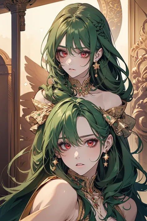 (masterpiece, best quality:1.2),solo,1girl,averting_eyes,earrings,hair_between_eyes,hair_ornament,jewelry,long_hair, earrings, Green_Hair, Red_Eyes, Pretty_Girl, Stars.