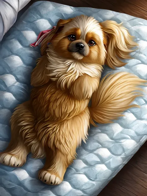 A Pekingese dog, with little yellow shoes and lying on a mattress. 