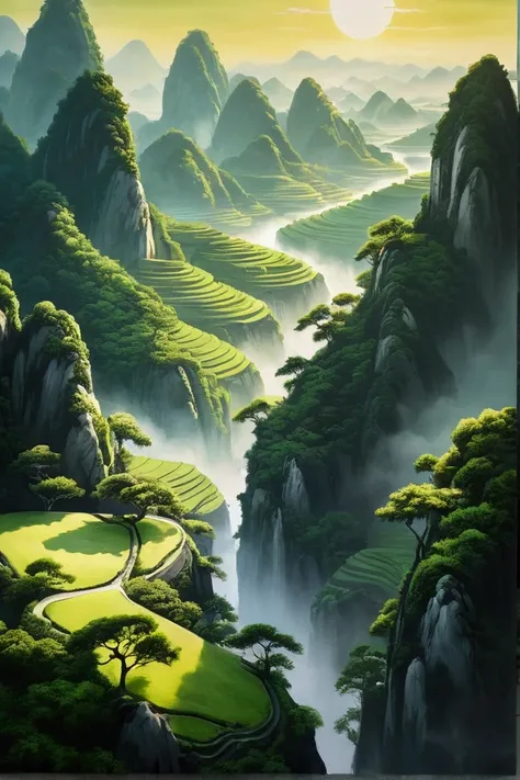 Chinese Landscape Painting Ink Painting High Angle Perspective OC Rendering Sculpture, Green tree々and green hills, Morning atmosphere with sunlight streaming in, 4K