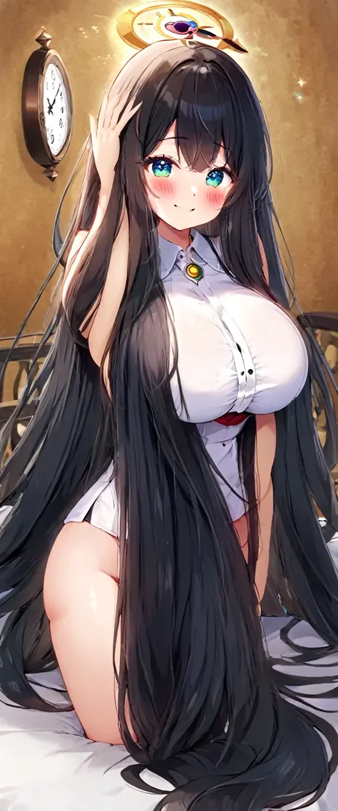 cute girl, super long hair, black hair, big hair, thick hair, big breasts, big butt, hourglass body, emphasis on hair, emphasis on eyes, emphasis on face, blush, smile, 