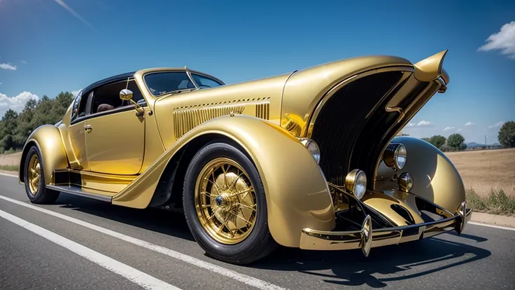 golden bugatti on a highway in sunny day