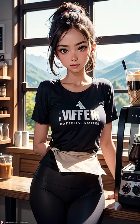 (best quality), perfect image, masterpiece,(26 year old woman)barista, yoga pants, brown hair, black tshirt with made up company logo across the chest, working at a locally owned coffee shop, working behind the counter with your cute coworker, ponytail, la...