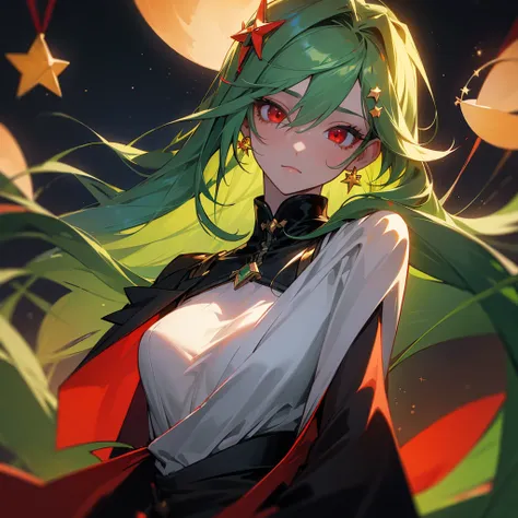 (masterpiece, best quality:1.2),solo,1girl,averting_eyes,earrings,hair_between_eyes,hair_ornament,jewelry,long_hair, earrings, Green_Hair, Red_Eyes, Pretty_Girl, Stars.