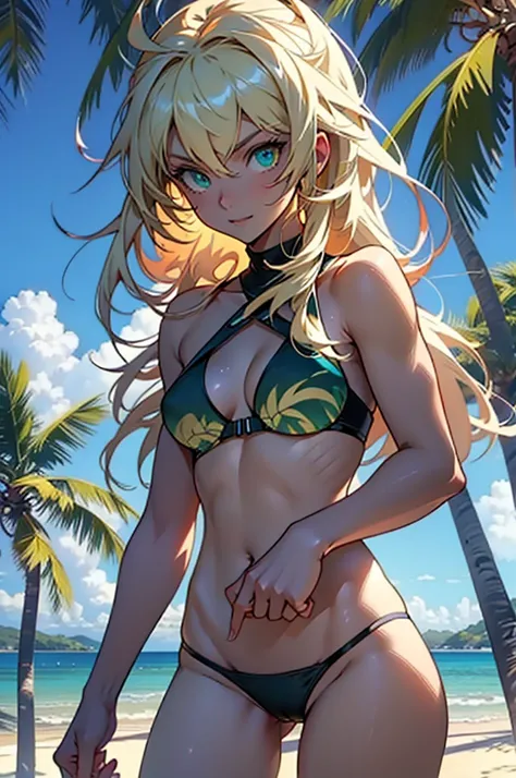 masterpiece, rich colors, Best quality, detailed, high resolution, Hyper quality, high detail, , high quality, detailing, skinny sexy girl on the beach , bright lighting , green eyes, anime, palm trees, bright lighting,