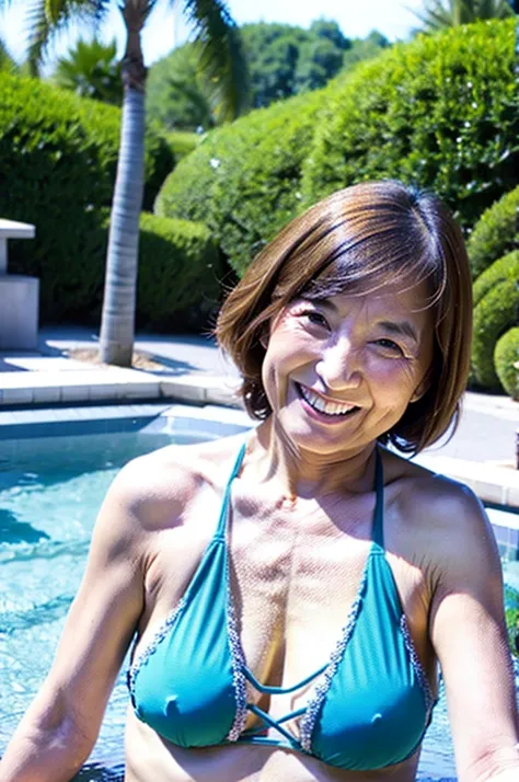 a Japanese woman, 68 years old, wearing bikini, smiling