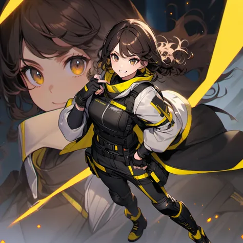 (well done:1) woman, short dark brown curly hair, black beanie, black eyes, black clothes with yellow details, white sweatshirt jacket over top, tactical boots, fingerless gloves, yellow tips in the hair.